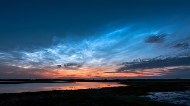 Glowing noctilucent clouds stretching across a twilight sky beneath subtle natural illumination premium atmospheric science commercial background
