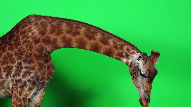 Side view of a majestic giraffe slowly bending its long neck down while standing against a solid green screen background