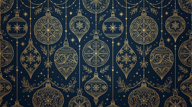 Elegant gold christmas ornaments with snowflake patterns hanging on a deep blue textured background.