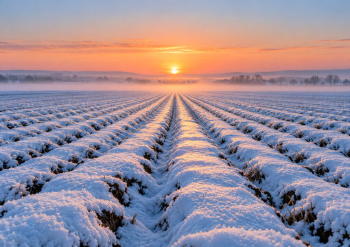 Snow covered farm field furrows leading to orange sunrise in misty winter morning, horizontal
