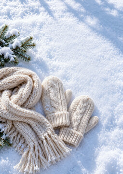 Knitted wool mittens and scarf on fresh snow with pine branch, winter flat lay, vertical