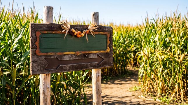 corn maze entrance sign, Empty wooden sign with arrows in a corn maze on a sunny day  