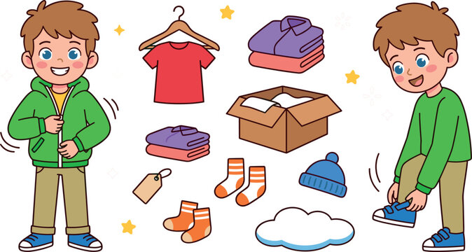 Cute Cartoon Boy Getting Dressed and Putting on Jacket Vector Set with Wardrobe Storage Box, Folded Clothes, Socks, and Beanie Hat Icons..