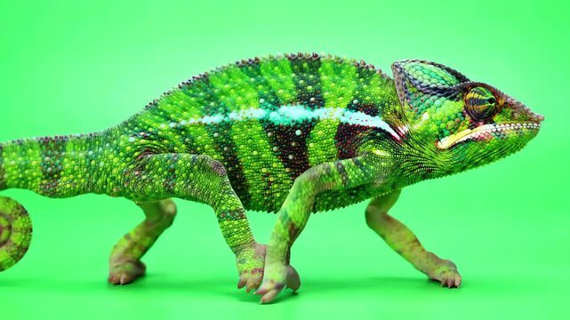 Slowly walking green chameleon reptile on a solid green background for easy keying and professional compositing