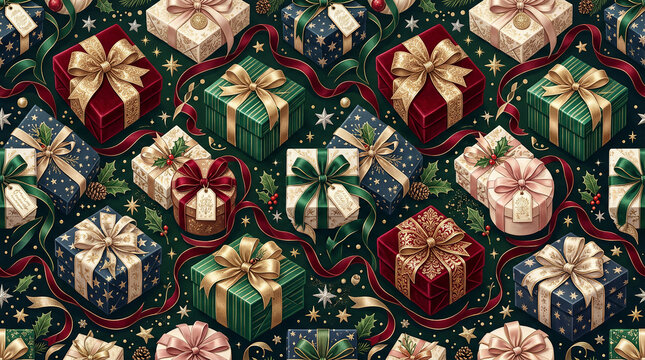 Festive christmas gift boxes in deep green and burgundy, tied with gold ribbons on dark background, holiday wrapping paper pattern.