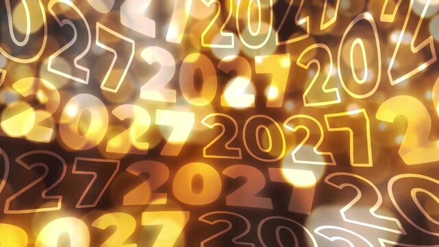 4K video. Loop animation with wave text 2027 on gold bokeh lights background. Template for social media with outline, fill bold font. Concept of Happy New Year 2027, winter holiday, gift, Christmas