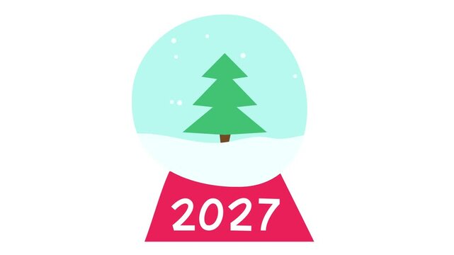 4K video with zoom out effect. Animation with glass flat Christmas ball with green fir tree, snow with, text 2027 on white. Numbers 2, 0, 7. Concept of Happy New Year, celebration, winter holiday gift