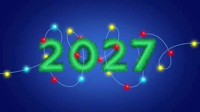 Horizontal 4K video. Loop animation with spruce branches, tinsel in shape of text 2027, Fluffy bold numbers 2, 0, 7, glowing New Year, Christmas garland with colorful red, blue, yellow bulbs on blue