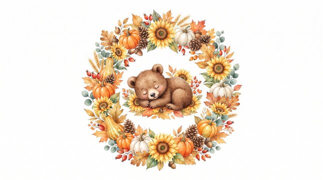 Adorable watercolor design of a cute sleeping baby bear nestled inside a decorative autumn floral wreath made of sunflowers, pumpkins, and pinecones on a white background.