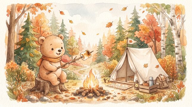 Delightful watercolor illustration of a cute teddy bear sitting on a tree stump roasting a marshmallow over a campfire next to a tent in an autumn forest.   