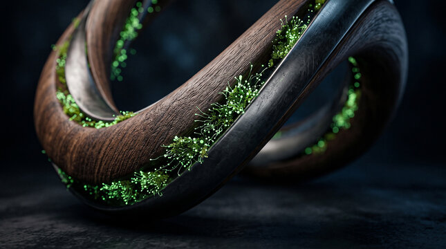 Abstract organic structure blending dark wood and brushed metal with glowing green spore details