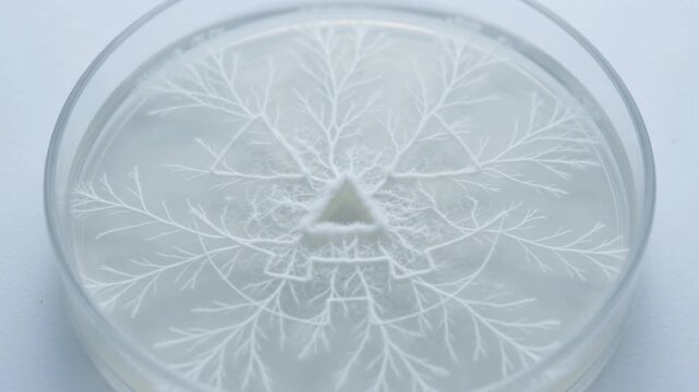 Macro Timelapse of White Fungal Mycelium Hyphae Growing in Jack O Lantern Shape in Petri Dish