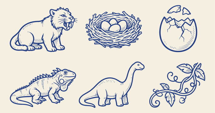 Set of blue line art vector icons depicting prehistoric animals, dinosaurs, and jungle nature symbols on white