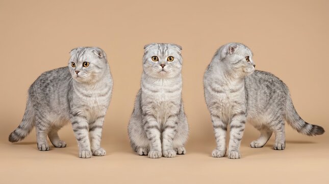 Three scottish fold cats in poses on soft background  silver tabby coats and amber eyes