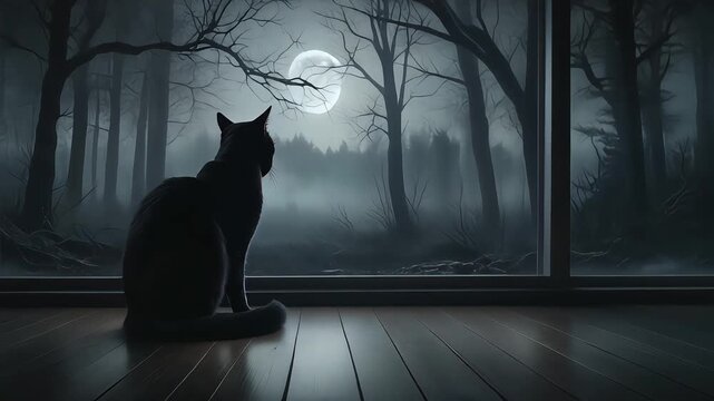 Black cat looking through large window at misty spooky forest with full moon video clip