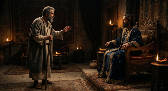 The prophet Nathan confronting King David, 2 Samuel 12 Old Testament biblical scene, repentance and judgment, religious illustration