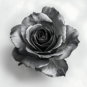 Top view of a single blooming black and white rose with monochrome