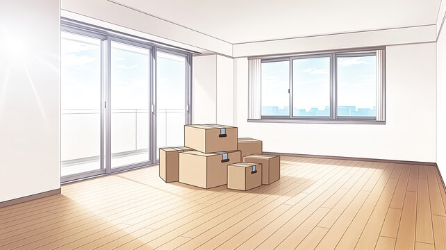 引っ越し準備中の空室に積まれた段ボール箱のアニメ風イラスト
