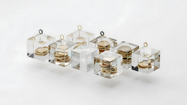 Blockchain technology visualization featuring glowing transparent glass cubes containing stacked golden coins on bright white studio background