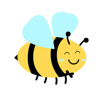 Simple minimalist male honey bee cartoon flat illustration. Bee icon element design graphic. Yellow black striped honey bee logo isolated on white background.