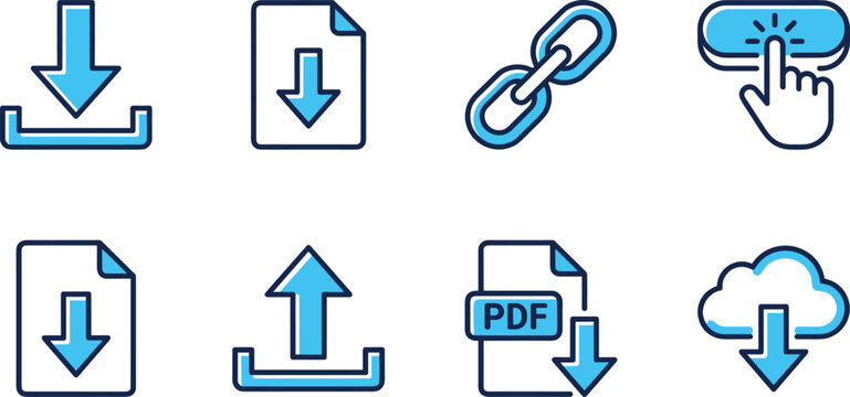 File Download and Cloud Upload Interface Blue Line Icon Set Vector Illustration