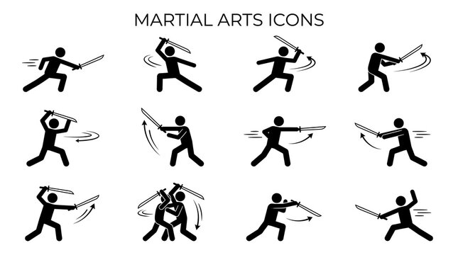 Martial arts icons set of stick figure sword fighters, ninja samurai pictogram action poses, combat training motion symbols isolated on white background.