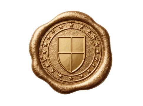 Golden wax seal with embossed shield and stars, isolated on transparent background