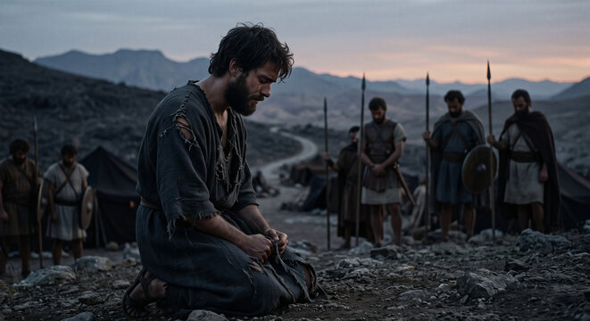 David mourning the deaths of Saul and Jonathan, 2 Samuel 1 Old Testament biblical scene, lament for the fallen, religious illustration