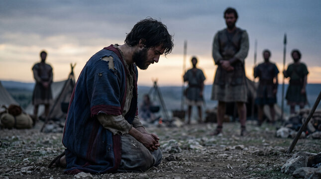 David mourning the deaths of Saul and Jonathan, 2 Samuel 1 Old Testament biblical scene, lament for the fallen, religious illustration