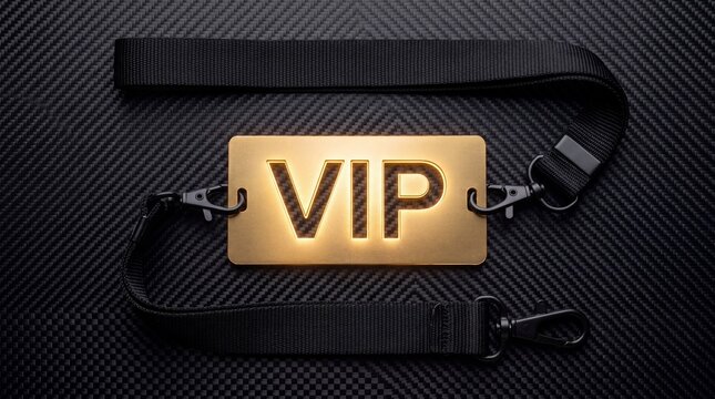 A glowing golden VIP pass with a black lanyard lies on a dark carbon fiber textured surface, creating an exclusive and luxurious atmosphere.