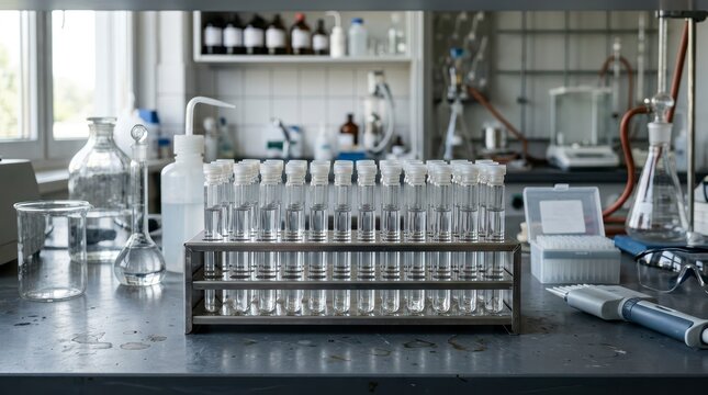 Water Sample Test Tubes and Laboratory Equipment in a Modern Research Facility with Clean Workspace