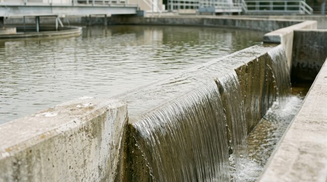 Water Flowing Over Concrete Barrier in Sedimentation Tank at Water Treatment Facility