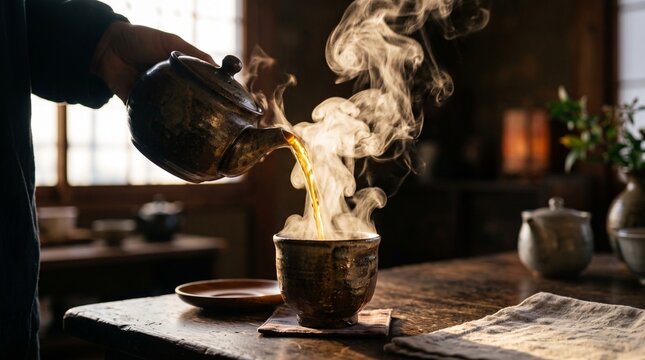 Hot tea being poured into ceramic cup with rising steam