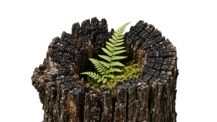 Green fern growing from moss inside a weathered charred tree stump, isolated on transparent background © STUDIOP