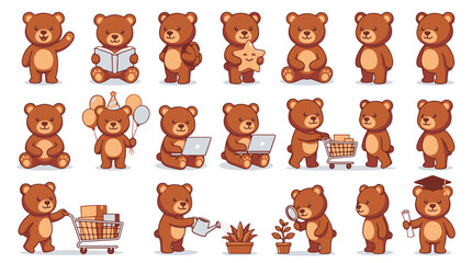 Fototapeta premium Vector cute brown teddy bear characters set in various poses and activities
