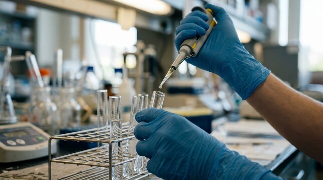Scientist Adding Reagent to Test Tube with Precision in a Laboratory Environment Full of Research Equipment