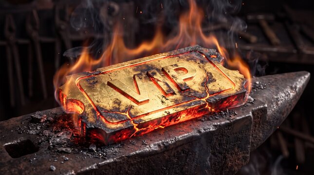 A glowing golden VIP ticket lies on a blacksmithy anvil surrounded by bright flames and smoke in a workshop.
