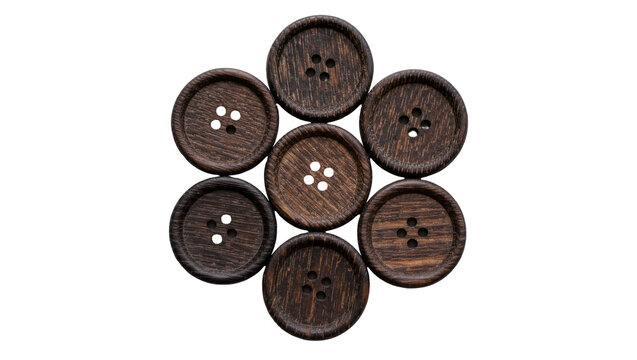 Seven dark brown wooden buttons arranged in a hexagonal pattern, isolated on transparent background