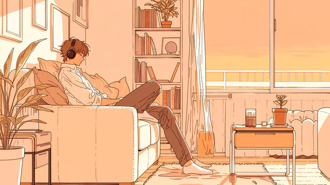夕暮れの部屋でヘッドホンをつけて音楽を聴く若い男性のアニメ風イラスト