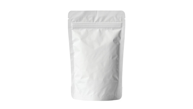 Blank white resealable pouch with zipper closure, isolated on transparent background