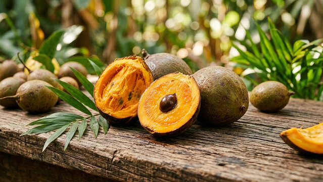 Macauba bocaiuva Brazilian palm fruits whole halved orange pulp seed rustic

