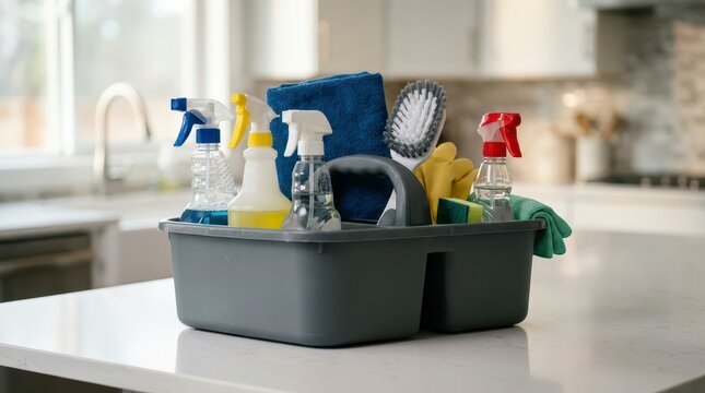 Organized Cleaning Caddy with Supplies in a Modern Kitchen Setting Featuring Various Cleaning Products on a Countertop