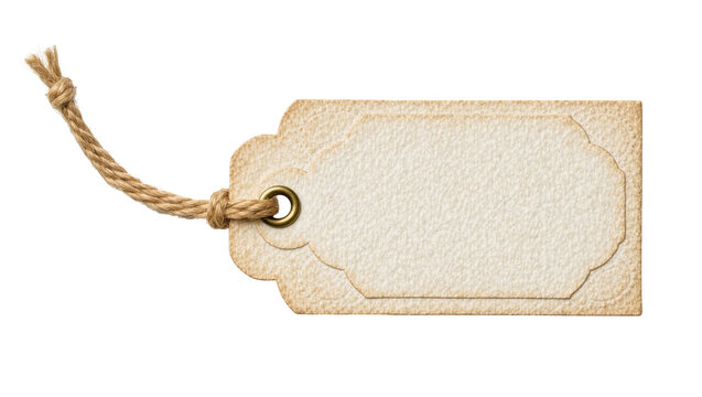 Vintage textured paper gift tag with jute string and brass grommet, isolated on transparent background
