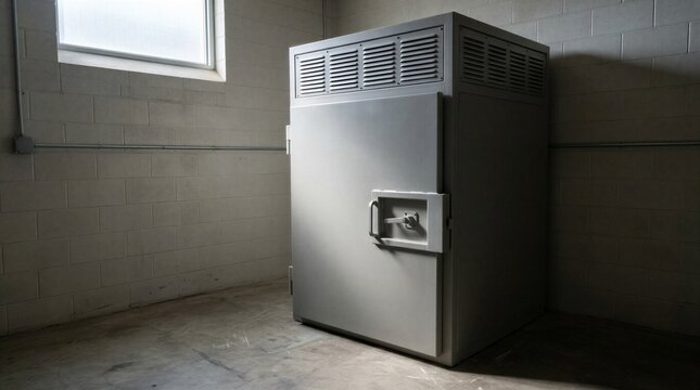 Large industrial furnace chamber with heavy metal door and ventilation system