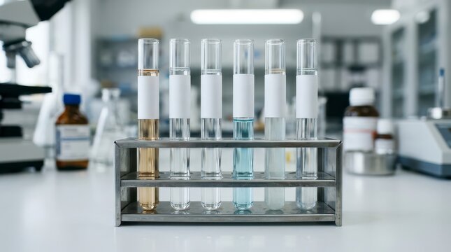 Test Tubes with Various Liquid Samples on Metal Rack in Modern Laboratory Workspace