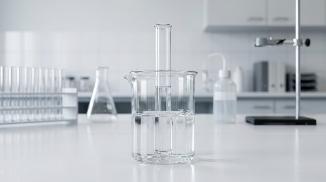 Test Tube Positioned in a Glass Beaker Filled with Clear Liquid in a Modern Laboratory Environment