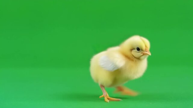 Photorealistic Little Yellow Chicken Looking Around on Green Background