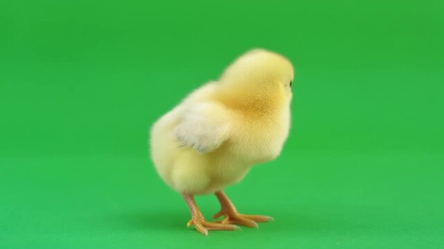 Photorealistic Yellow Easter Chick Looking Around on Green Background