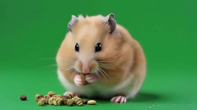 Sweet Little Hamster Chewing Food on Green Screen