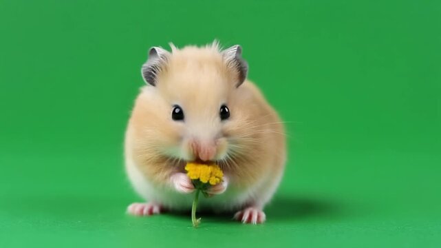 Cute Fluffy Hamster Eating a Flower Isolated on Chroma Key